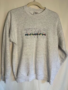 Vintage 90s Hanes Austin Texas Floral Embroidered Light Grey Sweatshirt